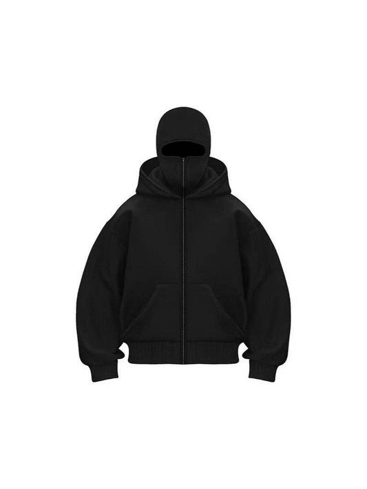Y2K Oversized Double Hooded Zip Hoodie w/ Built-in Ski Mask