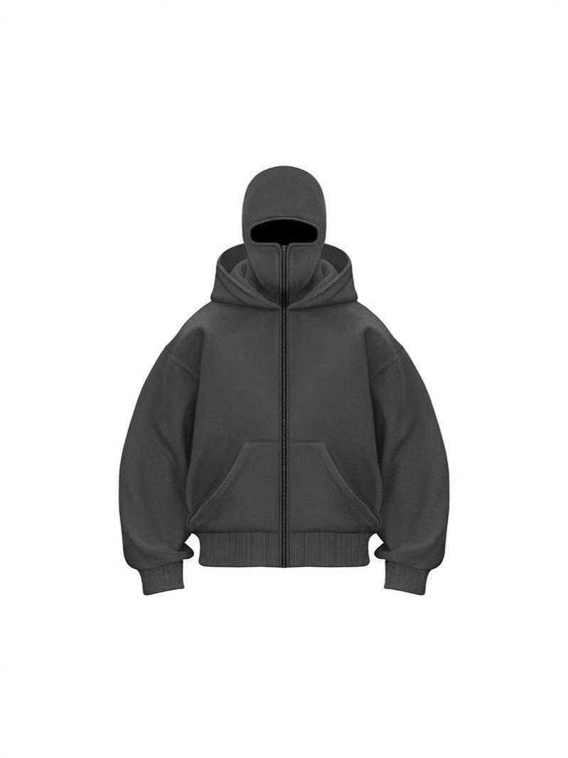 Y2K Oversized Double Hooded Zip Hoodie w/ Built-in Ski Mask